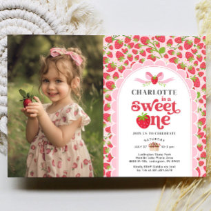 Sweet One Strawberry 1st Birthday Photo Invitation
