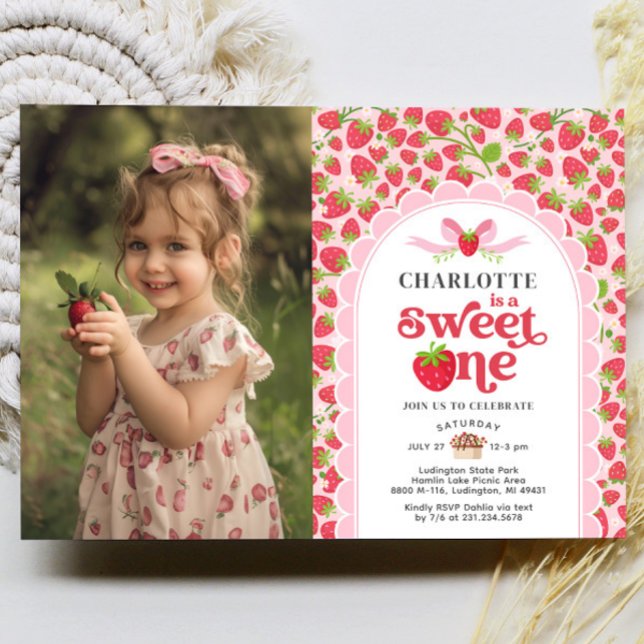 Sweet One Strawberry 1st Birthday Photo Invitation (Sweet One Strawberry 1st Birthday Photo Invitation)