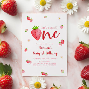 Sweet One Strawberry Berry First Birthday Invitation