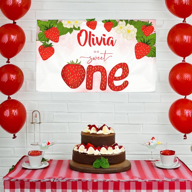 Sweet one strawberry birthday party template banner (Sweet one strawberry birthday party template banner personalized birthday decor)