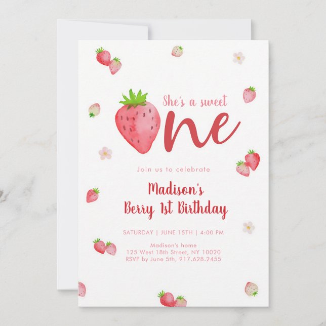 Sweet One Strawberry First Birthday Invitation (Front)