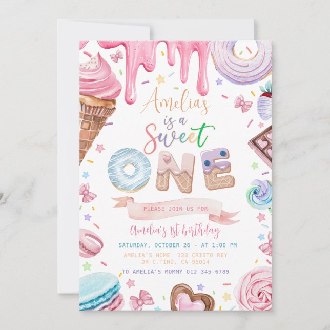 Sweet one Sweets Dessert Doughnut Candy Birthday Invitation (Front)