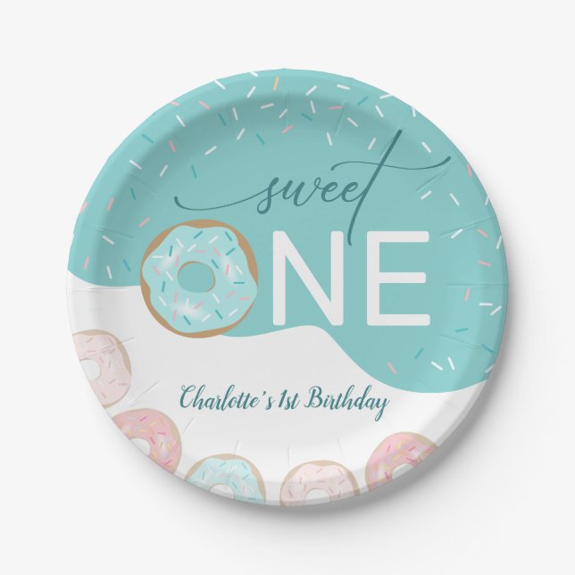 Sweet One Teal Frosting Girl's First Birthday Paper Plate (Front)