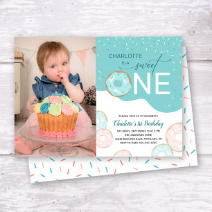 Sweet One Teal Frosting Photo Girl's 1st Birthday Invitation
