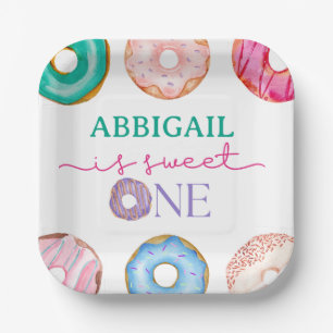Sweet One watercolor doughnuts 1st birthday Paper Plate