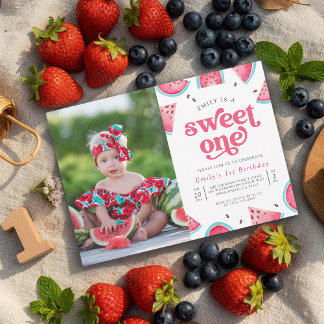 Sweet One Watermelon Girls Photo 1st Birthday Invitation