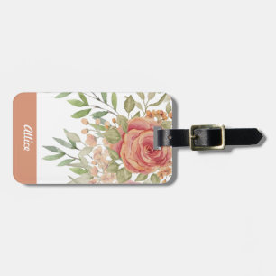 Sweet Orange Blush Watercolor Roses Monogrammed Luggage Tag