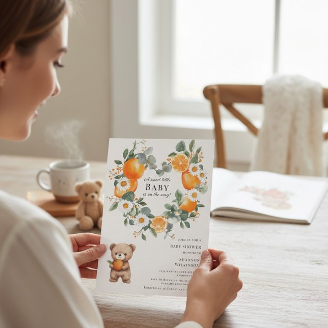 Sweet Orange Daisy Bear Baby Shower Invitation (Creator Uploaded)