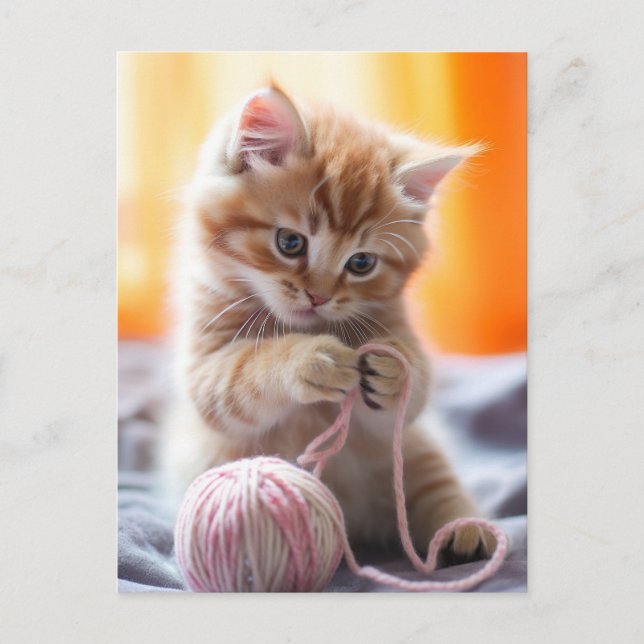 Sweet orange kitten playing with yarn postcard (Front)