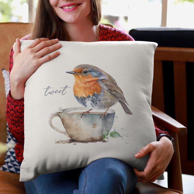 Sweet Orange Robin Teacup Watercolor Cushion (Creator Uploaded)
