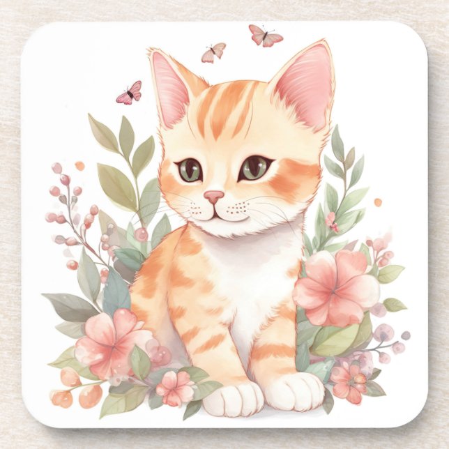 Sweet Orange Tabby Kitten with Flowers Watercolor Coaster (Front)