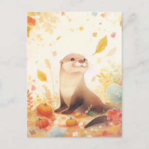 Sweet Otter in Autumn Pumpkin Field Postcard
