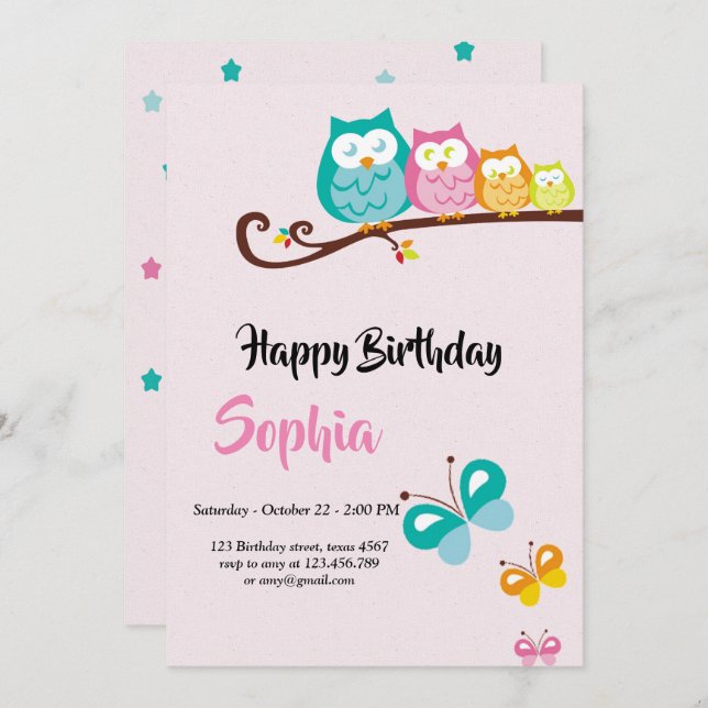 sweet owl and butterfly   birthday card (Front/Back)