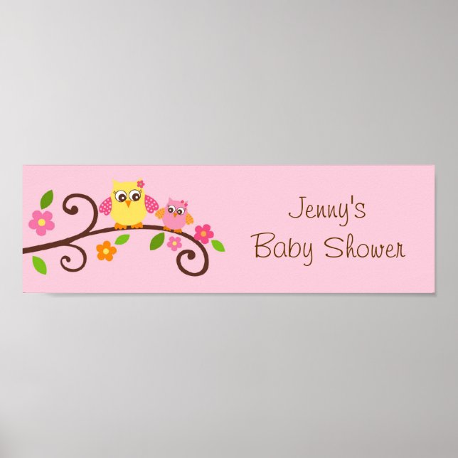 Sweet Owl Baby Girl Baby Shower Banner Sign (Front)