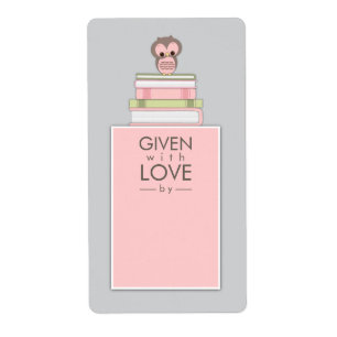 Sweet Owl Bookplate Name Label Pink Grey