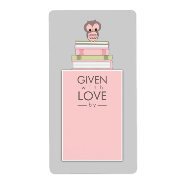Sweet Owl Bookplate Name Label Pink | Grey (Front)