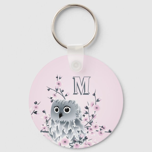 Sweet Owl Pink Girly Monogram Key Ring (Front)