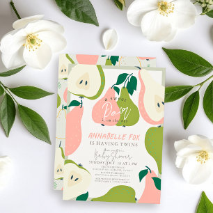 Sweet Pair Pink & Green Pear Twins Baby Shower Invitation