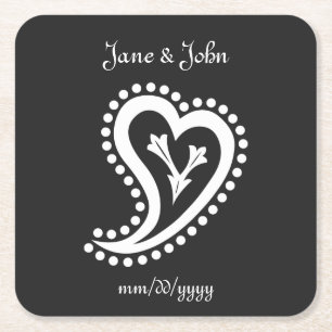 Sweet Paisley Hearts in Black Paper Coaster