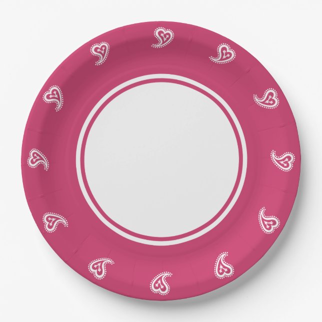 Sweet Paisley Hearts in Raspberry Paper Plate (Front)