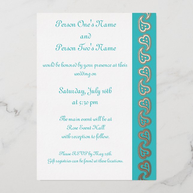 Sweet Paisley Hearts in Turquoise Foil Invitation (Front)