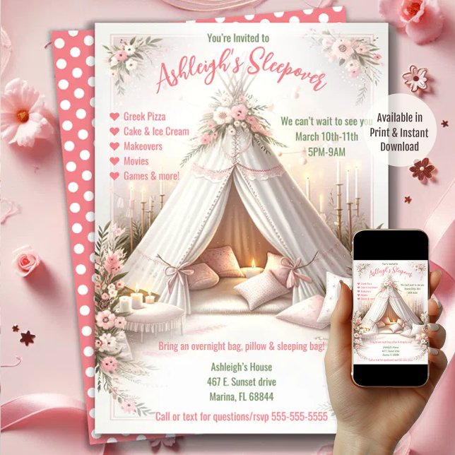 Sweet Pajama Party Girly Sleepover Birthday Invitation (Available in Print and Instant Download)