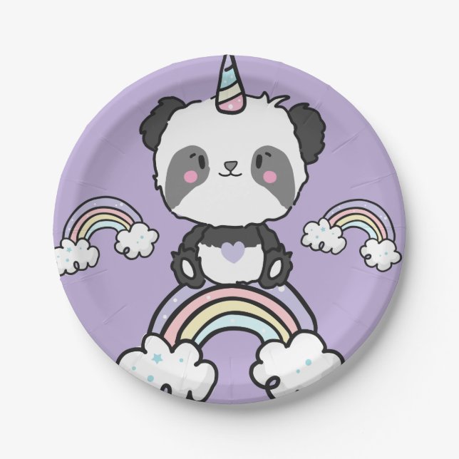 Sweet Panda Unicorn Girls Floral Rainbows Paper Plate (Front)