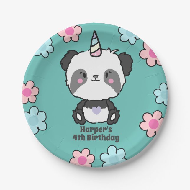 Sweet Panda Unicorn Girly Floral Personalised Pape Paper Plate (Front)