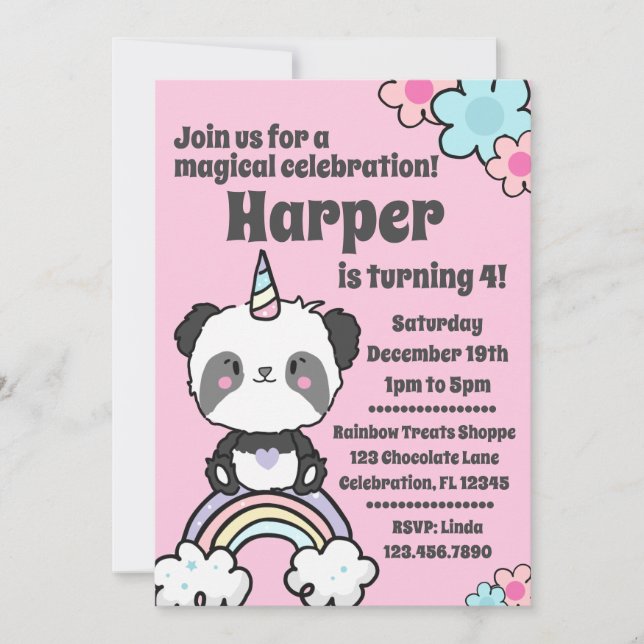 Sweet Panda Unicorn Girly  Invitation (Front)