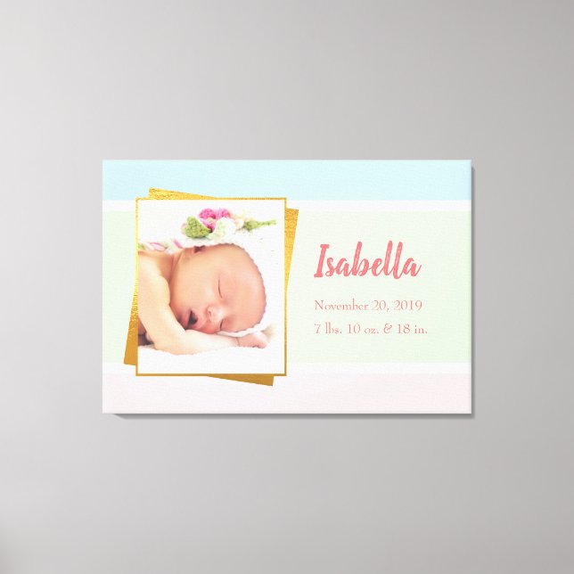 Sweet Pastel Baby Girl Photo Birth Record Stat Canvas Print (Front)