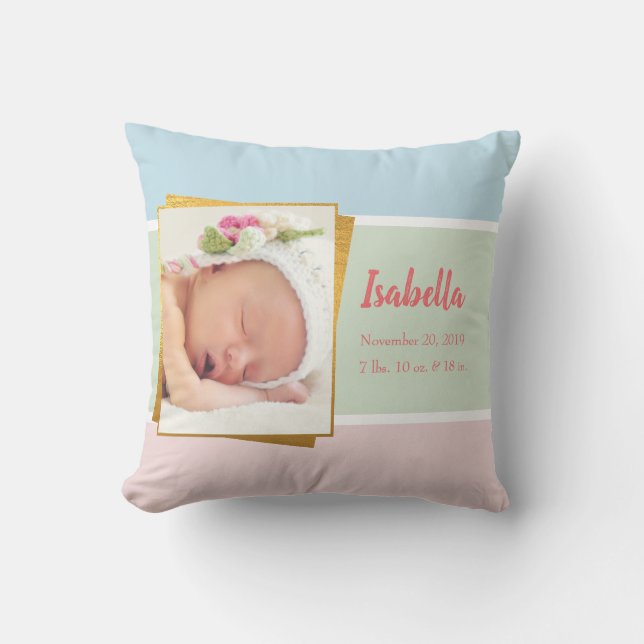 Sweet Pastel Baby Girl Photo Birth Record Stat Cushion (Front)