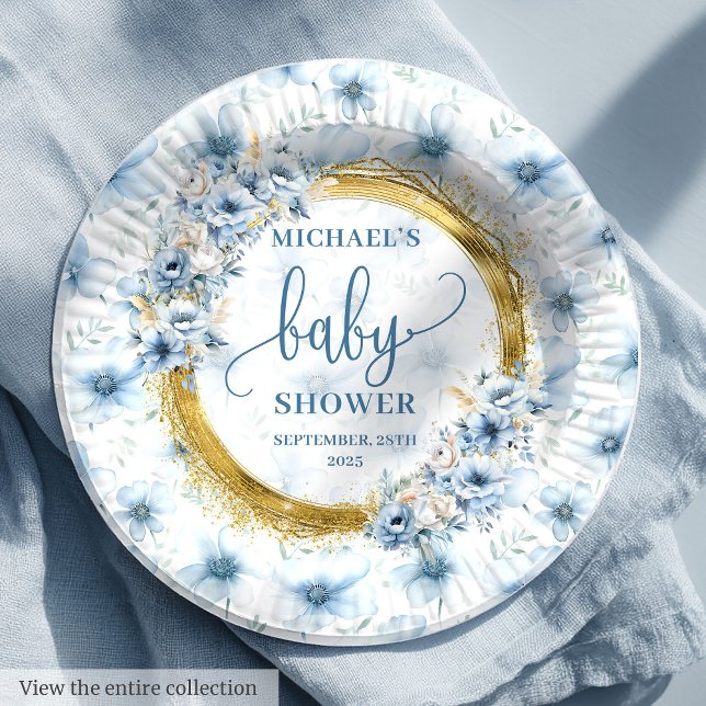 Sweet pastel blue flower gold boho boy baby plates (Sweet pastel blue flower gold boho boy baby plates)