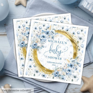 Sweet Pastel Blue Gold Flowers Baby Paper Napkins