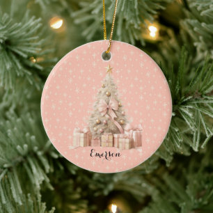Sweet Pastel Blush Pink Snowflake & Christmas Tree Ceramic Tree Decoration