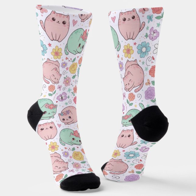 Sweet Pastel Kawaii Cat and Spring Floral Pattern  Socks (Angled)