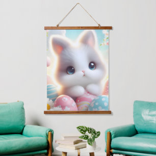 Sweet Pastel Kawaii Kitten Easter Eggs Hanging Tapestry