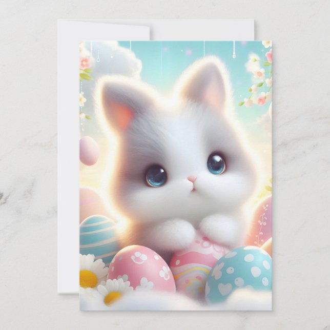 Sweet Pastel Kawaii Kitten Easter Eggs Holiday Card (Front)
