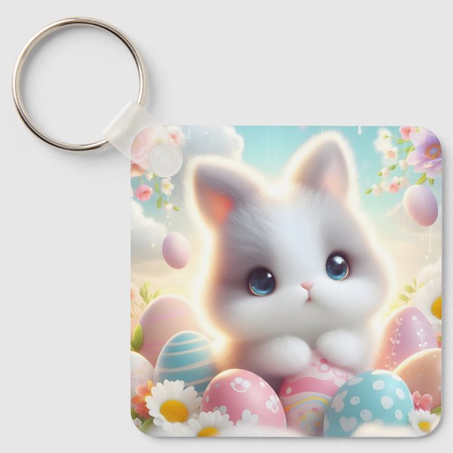 Sweet Pastel Kawaii Kitten Easter Eggs Key Ring (Front)