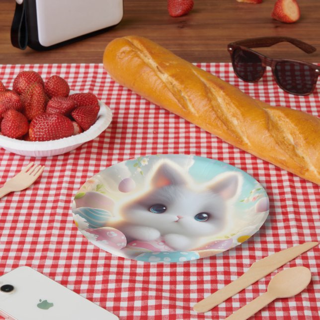 Sweet Pastel Kawaii Kitten Easter Eggs Paper Plate (Picnic)