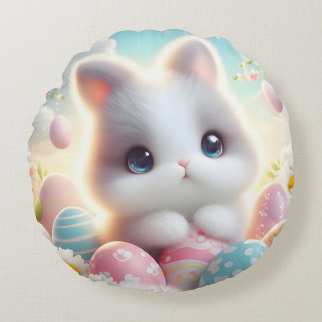 Sweet Pastel Kawaii Kitten Easter Eggs Round Cushion (Front)