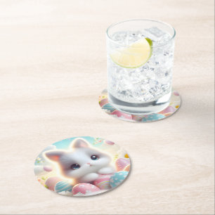 Sweet Pastel Kawaii Kitten Easter Eggs Round Paper Coaster