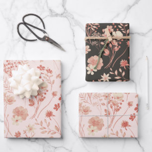 Sweet Pastel Peach Cream Rustic Watercolor Flowers Wrapping Paper Sheet