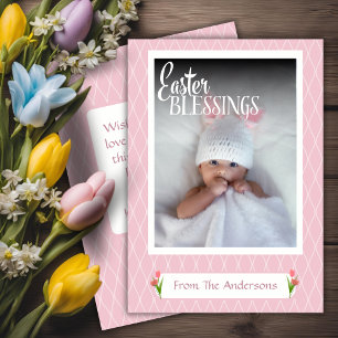 Sweet Pastel Pink Easter Blessings Custom Photo Holiday Card