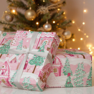 Sweet Pastel Pink Gingerbread Village Christmas Wrapping Paper