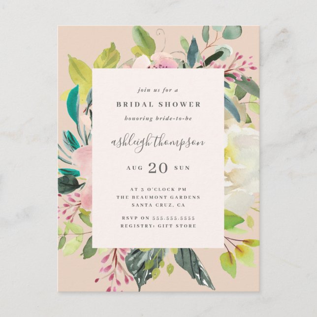 Sweet Pastel Watercolor Floral Bridal Shower Invitation Postcard (Front)