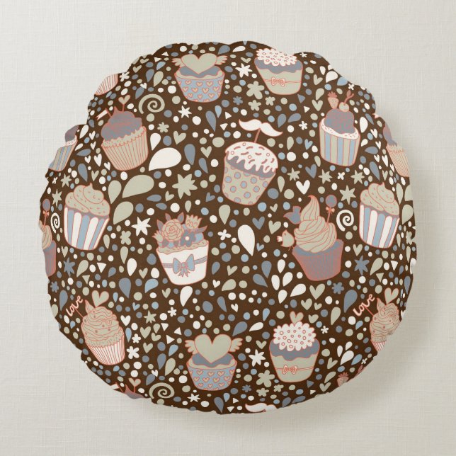 Sweet  pattern made of tasty cupcakes round cushion (Front)