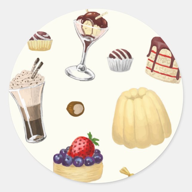 Sweet pattern with various desserts. classic round sticker (Front)
