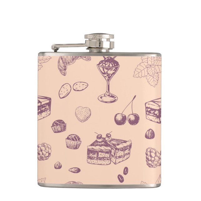 Sweet pattern with various desserts. hip flask (Front)