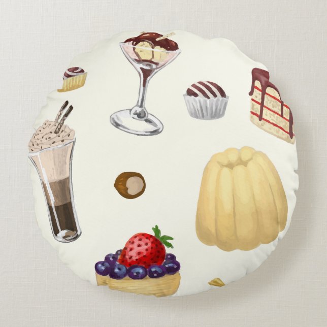 Sweet pattern with various desserts. round cushion (Front)