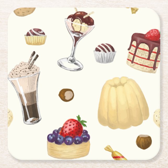 Sweet pattern with various desserts. square paper coaster (Front)